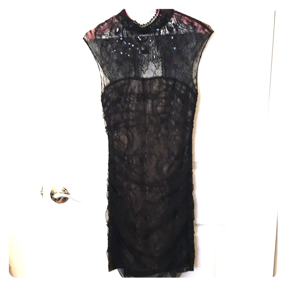 Bebe embellished rushed lace dress.